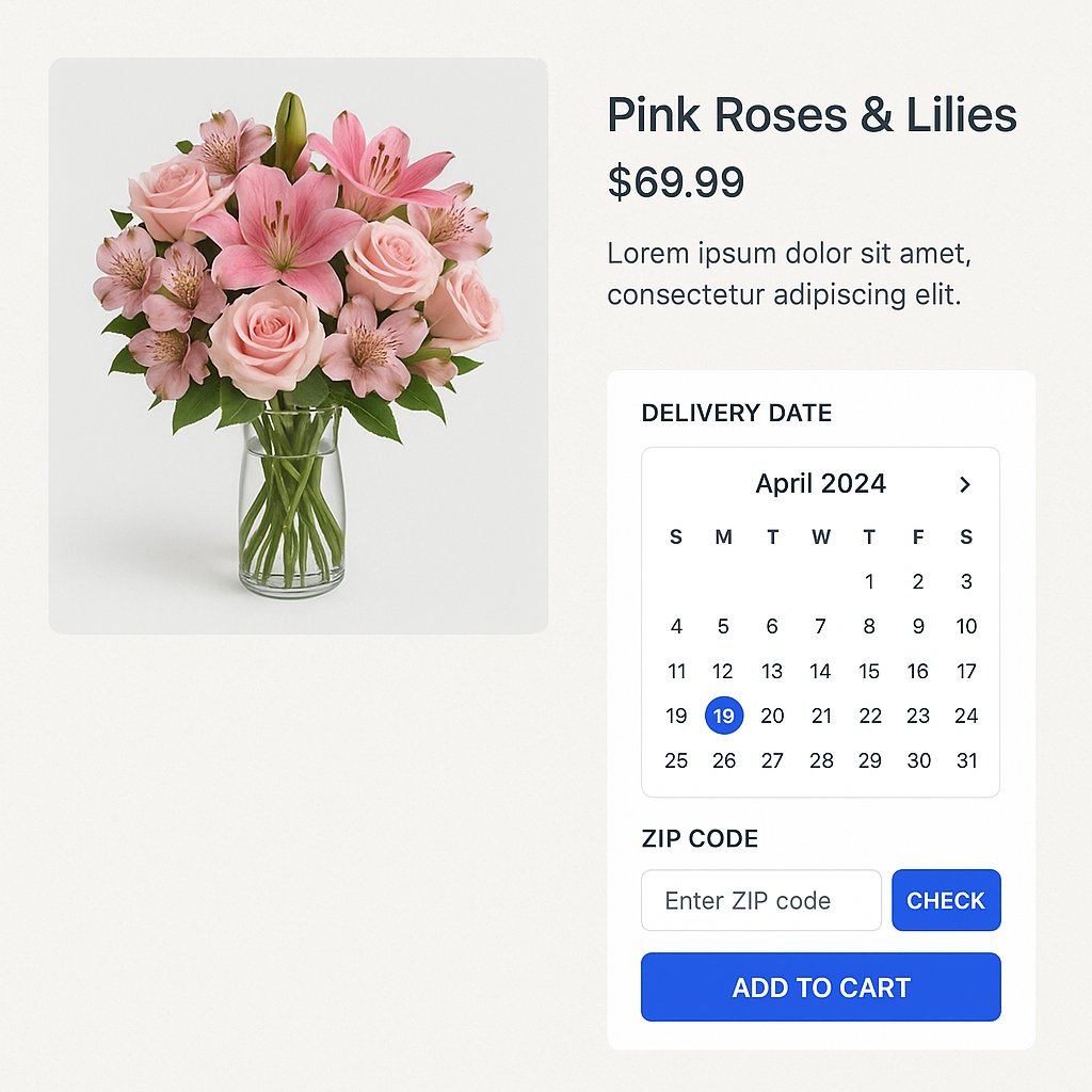 Flower shop product page with delivery date calendar and ZIP checker