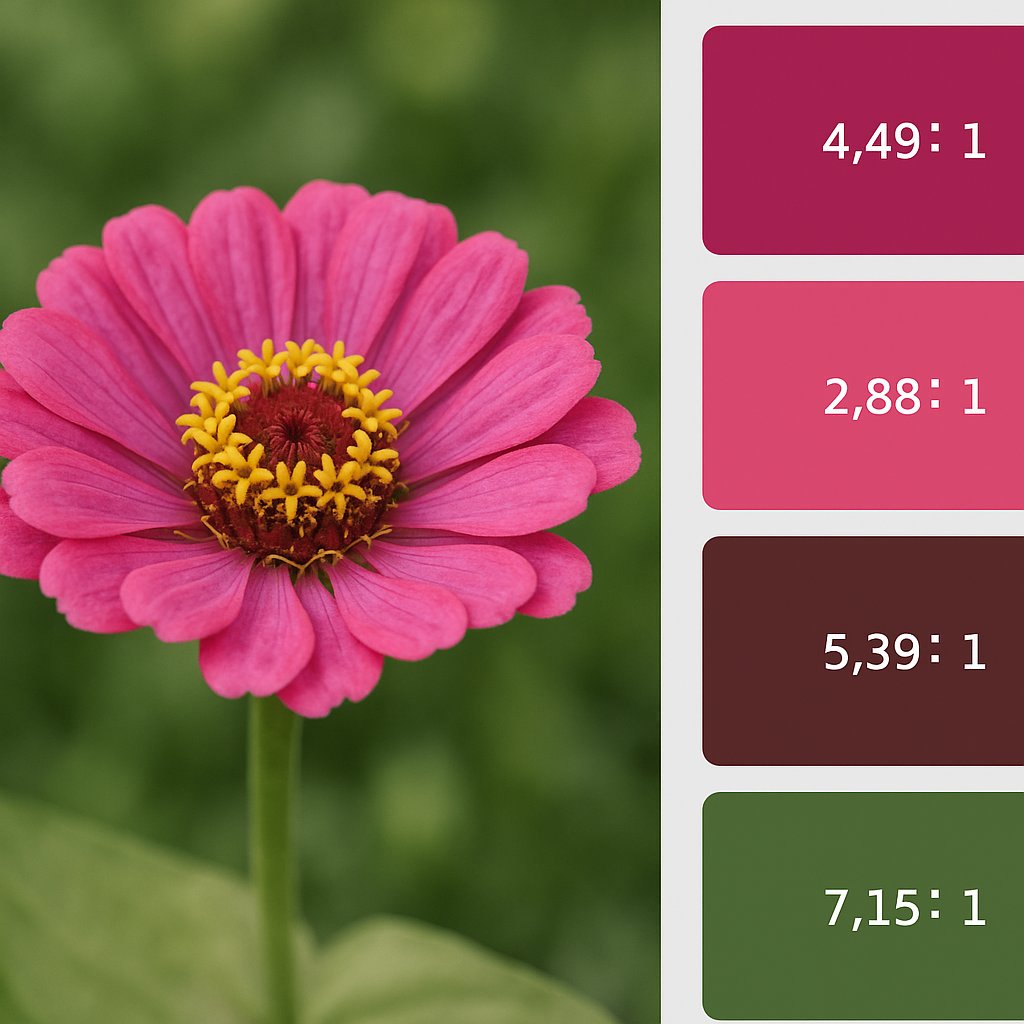 flower photo beside extracted color swatches with contrast ratio labels