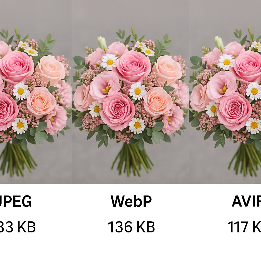 side-by-side bouquet photo comparison showing JPEG, WebP, and AVIF file sizes